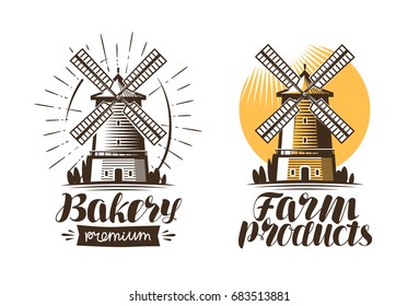 Ancient windmill, mill logo or label. Agriculture, farming, agribusiness icon. Vintage vector illustration