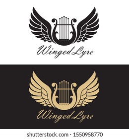 ancient winged lyre icons set isolated on white and black background