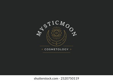 Sabedoria antiga todos vendo olho com linha crescente arte logotipo design modelo vetor ilustração. mitologia sagrada espiritual luxo logotipo linear para maquiagem artista spa bem-estar marca cosmética