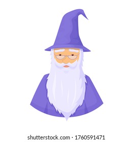 Ancient wizard avatar. Wise magician with thick gray beard and blue cap and toga fantasy character legends cartoon fairy tales mixture of huge vector knowledge magic.