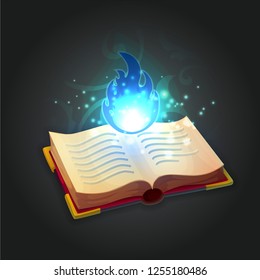 Ancient wizard's open book with a glowing fireball above the pages. Magic book for game, ui, banner, app, interface, slots, game development, playing cards and roulette. Vector illustration.