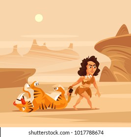 Ancient woman character hunter dragging prey. Vector flat cartoon illustration