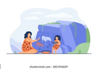 Ancient woman and kid painting on stone wall isolated flat vector illustration. Cartoon Prehistoric people drawing primitive animals and hunters. Rock art design and family concept
