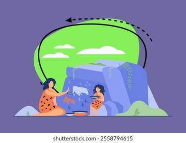 Ancient woman and kid painting on stone wall isolated flat vector illustration. Cartoon Prehistoric people drawing primitive animals and hunters. Rock art design and family concept