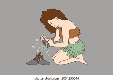 Ancient woman make receive fire from rocks, use spark to get flame for bonfire. Cartoon character female from prehistoric era survive during stone age. Ancestor habits. Flat vector illustration. 