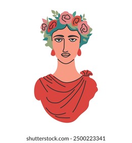 Ancient woman with a wreath of roses on her head. Modern style. Vector illustration.