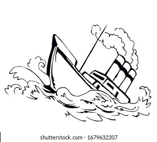Ancient wood rusty big frigate bottom mast remain on white sky text space. Outline black hand drawn deep maritime sink wind problem galleon logo sign icon sketch in art retro doodle cartoon line style