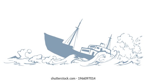 Ancient wood rusty big frigate bottom mast remain on white sky text space. Outline black hand drawn deep maritime sink wind problem galleon logo sign icon sketch in art retro doodle cartoon line style