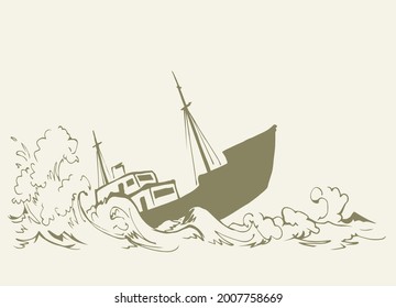 Ancient wood rusty big frigate bottom mast remain on white sky text space. Outline black hand drawn deep maritime sink wind problem galleon logo sign icon sketch in art retro doodle cartoon line style