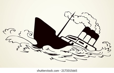 Ancient wood rusty big frigate bottom mast remain on white sky text space. Outline black hand drawn deep maritime sink wind problem galleon logo sign icon sketch in art retro doodle cartoon line style
