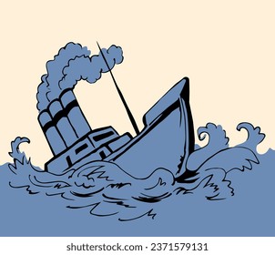 Ancient wood rusty big frigate bottom mast remain on white sky text space. Outline black hand drawn deep maritime sink wind problem galleon logo sign icon sketch in art retro doodle cartoon line style