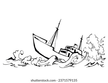 Ancient wood rusty big frigate bottom mast remain on white sky text space. Outline black hand drawn deep maritime sink wind problem galleon logo sign icon sketch in art retro doodle cartoon line style