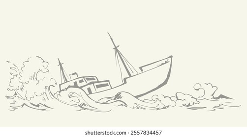 Ancient wood rusty big frigate bottom mast remain on white sky text space. Outline black hand drawn deep maritime sink wind problem galleon logo sign icon sketch in art retro doodle cartoon line style