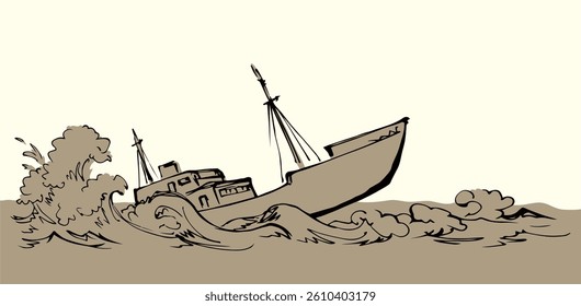 Ancient wood rusty big frigate bottom mast remain on white sky text space. Outline black hand drawn deep maritime sink wind problem galleon logo sign icon sketch in art retro doodle cartoon line style