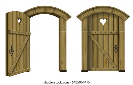 Ancient wooden arched door fantasy scandinavian gothic. Vector graphics. The ancient hut. Texture