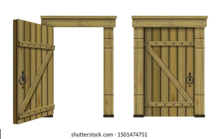 Ancient wooden arched door fantasy scandinavian gothic. Vector graphics. The ancient hut. Texture