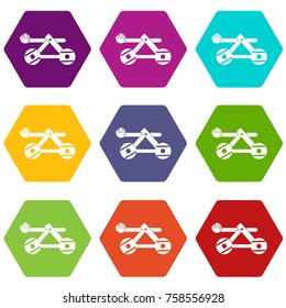Ancient wooden catapult icon set many color hexahedron isolated on white vector illustration
