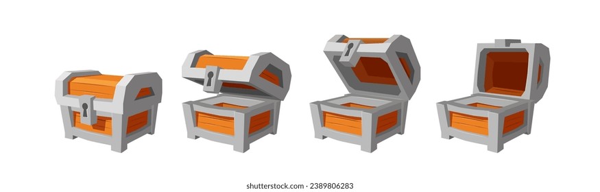 Ancient wooden empty chest with different lid positions, realistic vector illustration isolated on white background. Chest of treasure for gaming user interface.