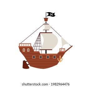 Ancient wooden pirate or filibusters ship with sails and Jolly Roger flag. Pirate boat or sea ship, flat cartoon vector illustration isolated on white background.