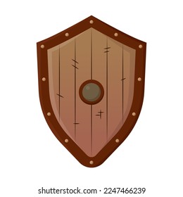 Antiker Holzschild aus Krieger-Vektorgrafik. Cartoon Zeichnung alter Waffen auf weißem Hintergrund. Krieg, Waffenkonzept für Spieldesign