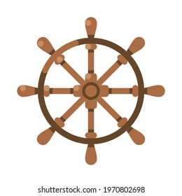 Ancient wooden ships wheel front view vector flat illustration. Simple icon of water transport rudder isolated. Antique circle control direction of nautical journey. Equipment for vessel navigate