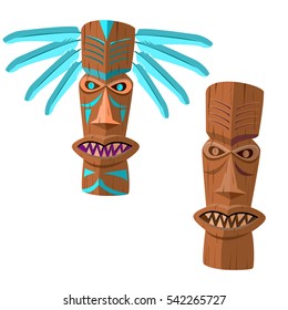 Ancient wooden totem with blue feathers isolated on white background. Vector illustration closeup.