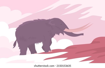 Ancient woolly american mammoth. Extinct animal of the Ice Age. Tusks and trunk. Vector cartoon illustration on the background of rocks