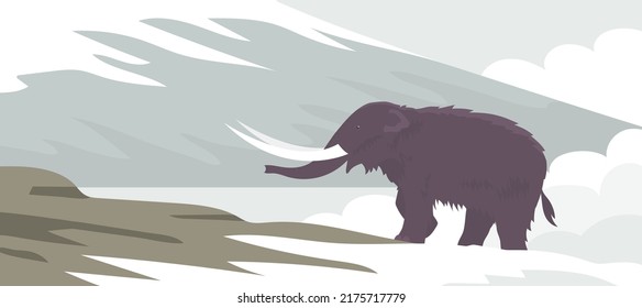 Ancient woolly american mammoth. Extinct animal of the Ice Age. Tusks and trunk. Prehistoric animals. Vector cartoon illustration on the background of rocks