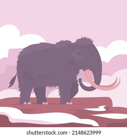 Ancient woolly mammoth. Extinct animal of the Ice Age. Tusks and trunk. Vector cartoon illustration on the background of rocks