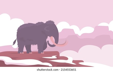 Ancient woolly mammoth. Extinct animal of the Ice Age. Tusks and trunk. Vector cartoon illustration on the background of rocks