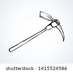 Ancient worker kylo ax hoe old repair cut line set on white ore text space. Outline black ink drawn digger build craft pit web logo in art antique retro doodle cartoon style. Closeup iron shaft object