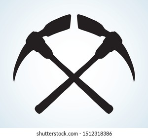 Ancient worker kylo ax hoe old repair cut line set on white ore text space. Outline black ink drawn digger build craft pit web logo in art antique retro doodle cartoon style. Closeup iron shaft object