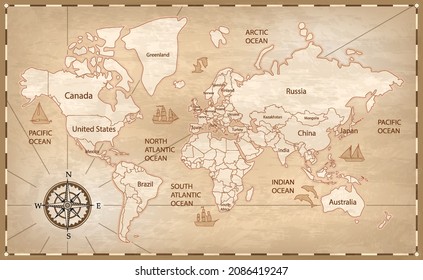 Ancient World Map with the division of continents into states, realistic vector illustration