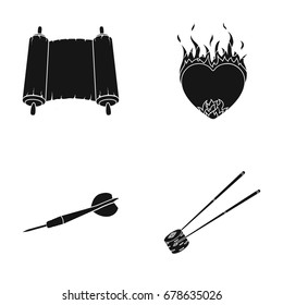 Ancient writing, burning heart and other web icon in black style. dart, sushi icons in set collection.