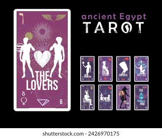 Anciente egypt Tarot. Egyptian tarot card set. Card called The Lovers with male silhouettes and winged heart.