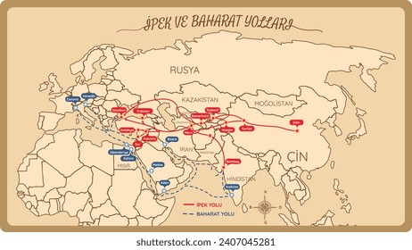 It is an ancient-looking map depicting the Silk and Spice Routes.