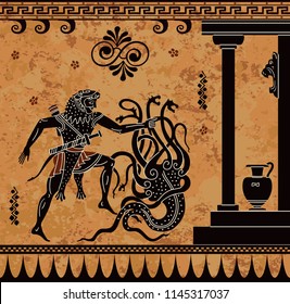 Anciet Greek Myth.Black Figure Pottery.Hercules Heroic Deed. Ancient Myth,