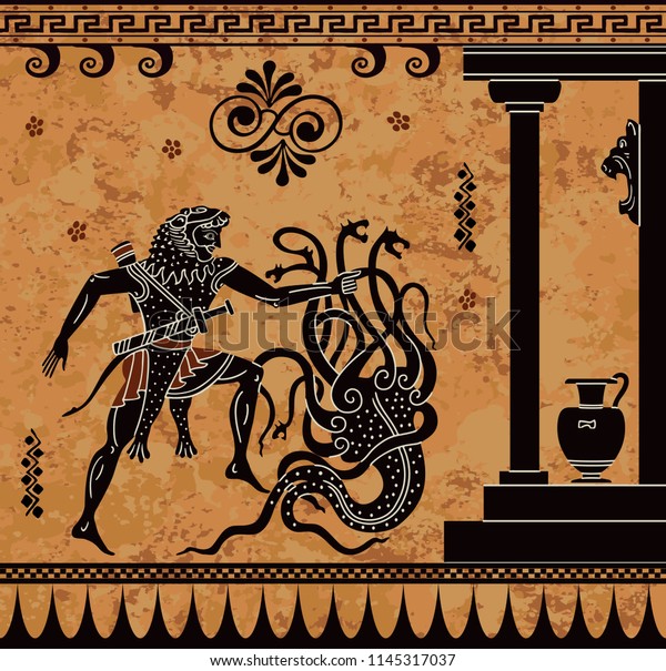 古代ギリシャ神話 黒人の人物陶芸 ヘラクレスの英雄的行為 古代の神話 のベクター画像素材 ロイヤリティフリー