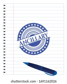 Ancillary emblem draw with pen effect. Blue ink. Vector Illustration. Detailed.