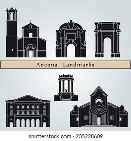 Ancona landmarks and monuments isolated on blue background in editable vector file
