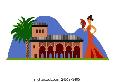 andalucian landscape with flamenco dancing woman