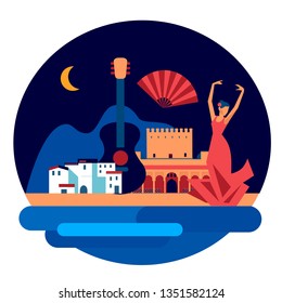 Andalucian vector circle emblem of mediterranean  town and  flamenco dancing woman. Andalucia set vector icons and symbols. Spain and spanish tradition and culture flat style vector elements