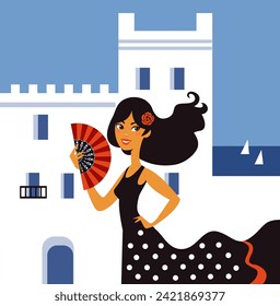 andalucian view with woman vector illustration