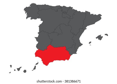 Andalusia red map on gray Spain map vector