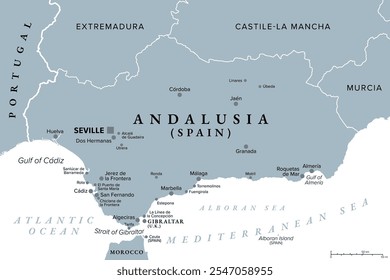 Andalusia, a region of Spain, with capital Seville, gray political map. Southernmost autonomous community in Peninsular Spain, located in the south of the Iberian Peninsula, in southwestern Europe.