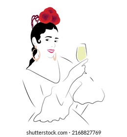 Andalusian woman in flamenco dress with flowers in her hair and comb raising a glass of wine to toast