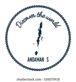 Andaman Islands map in vintage discover the world insignia. Hipster style nautical postage stamp, with round rope border. Vector illustration.