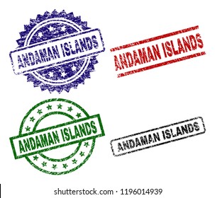 ANDAMAN ISLANDS seal prints with distress style. Black, green,red,blue vector rubber prints of ANDAMAN ISLANDS caption with grunge texture. Rubber seals with circle, rectangle, medal shapes.