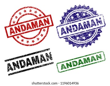ANDAMAN seal imprints with corroded surface. Black, green,red,blue vector rubber prints of ANDAMAN title with corroded surface. Rubber seals with round, rectangle, rosette shapes.