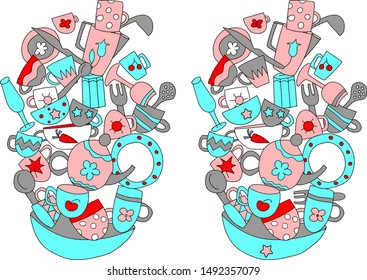 and-drawn colored vector illustration of tableware,  kitchenware. Find ten differences. For child development and fun.